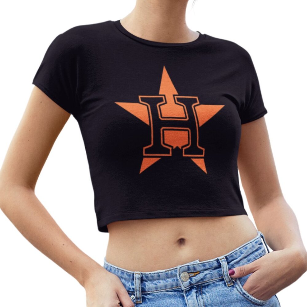 NEW Houston Astros H Star Team Color Pop Form Fit Crop Top Shirt BLACK